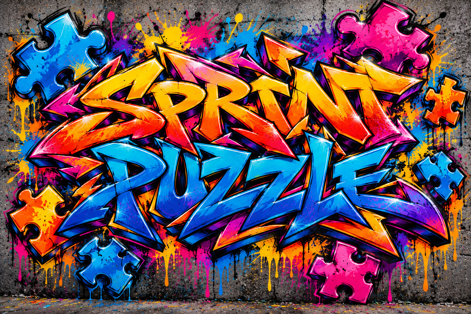 Colorful graffiti mural spelling SPRINT PUZZLE on a dark brick wall